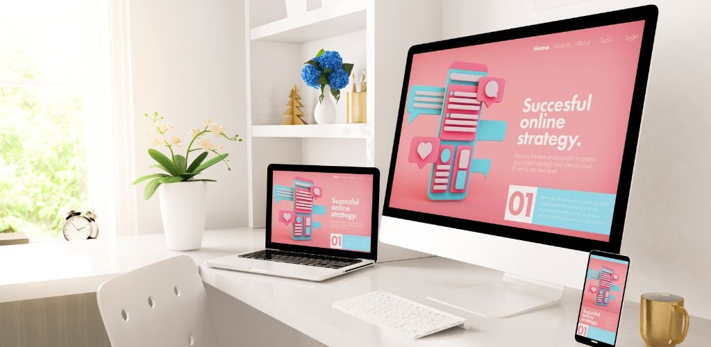 multiple screens showing digital marketing strategies across mobile and desktop in home office