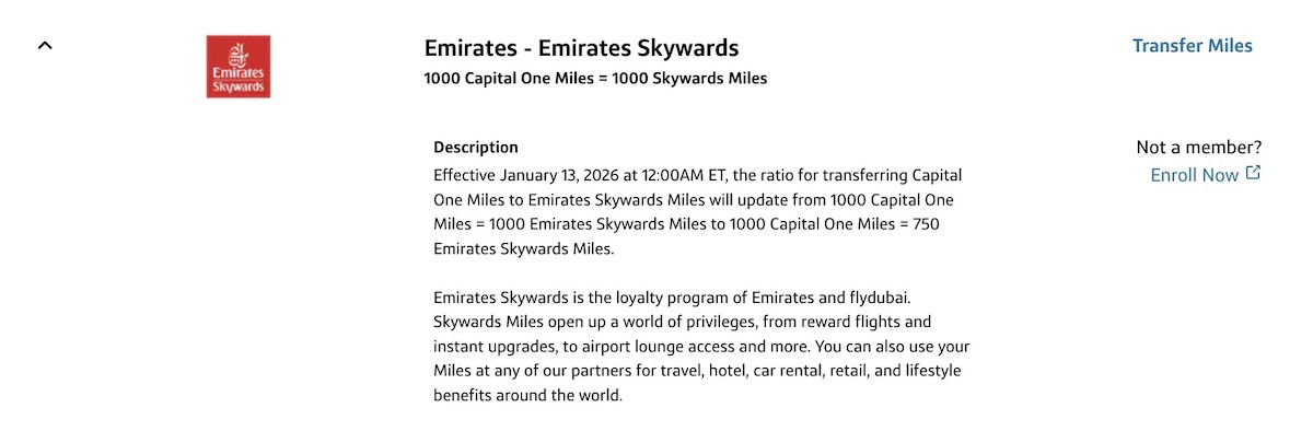 Capital One Lowers Emirates Skywards Transfer Rate to 4:3