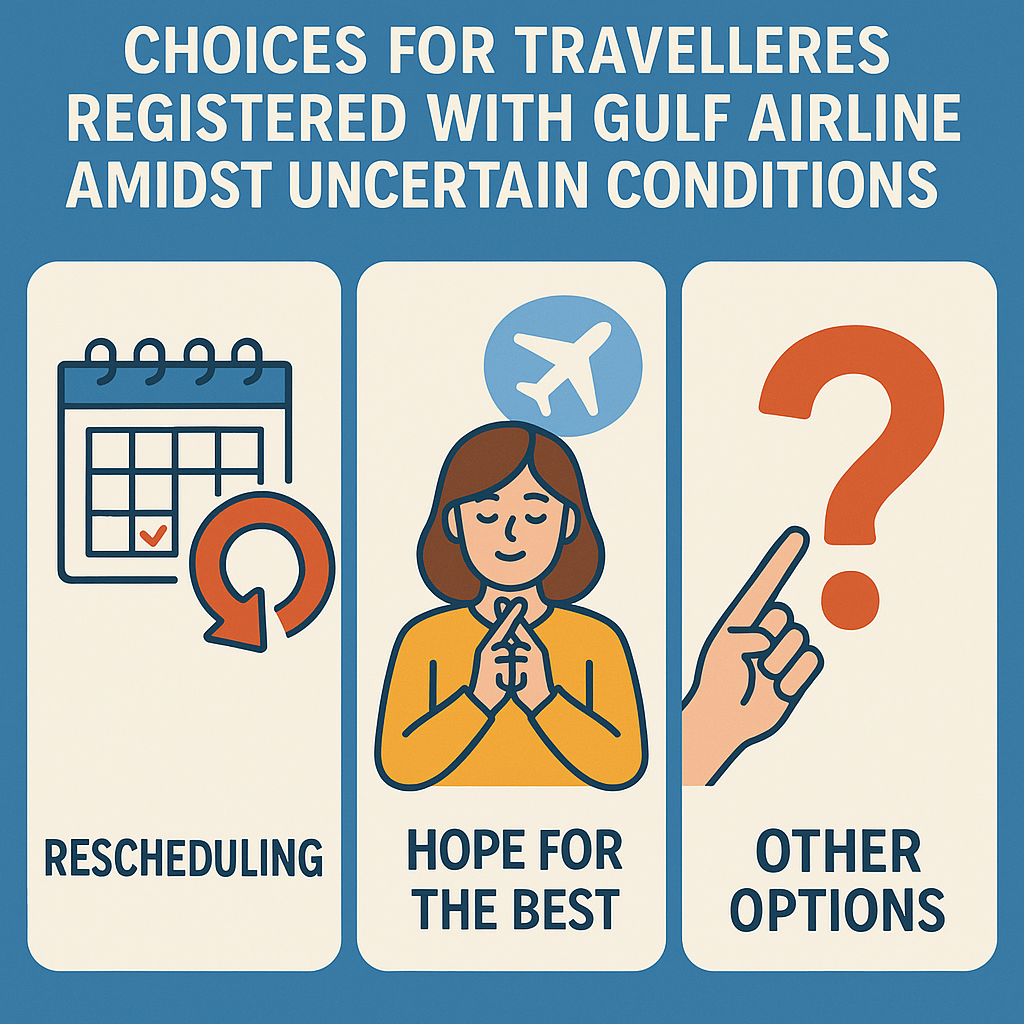 Choices for Travelers Registered with Gulf Airline Amidst Uncertain Conditions: Rescheduling, Wishing for Favorable Outcomes, or Additional Options