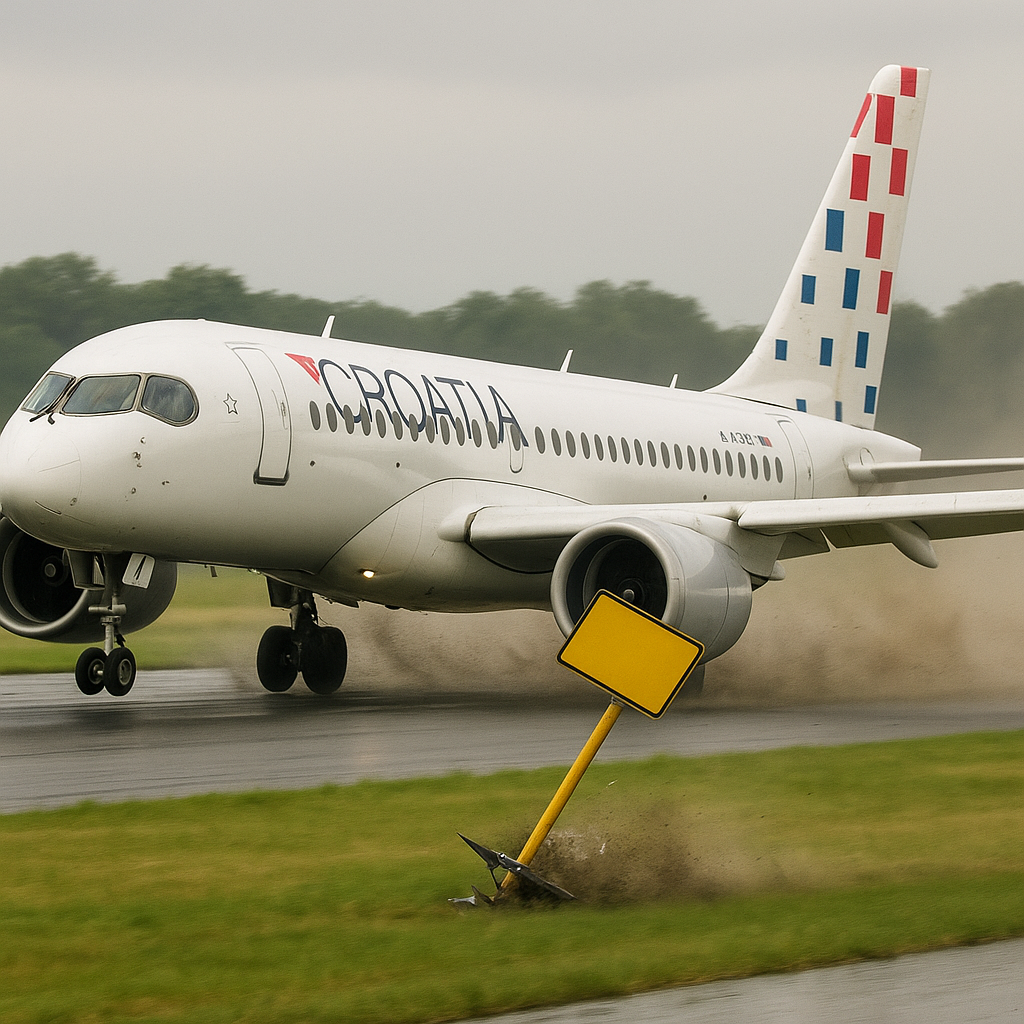 Croatia Airlines Airbus A220 Deviates from Runway at High Velocity, Strikes Signage