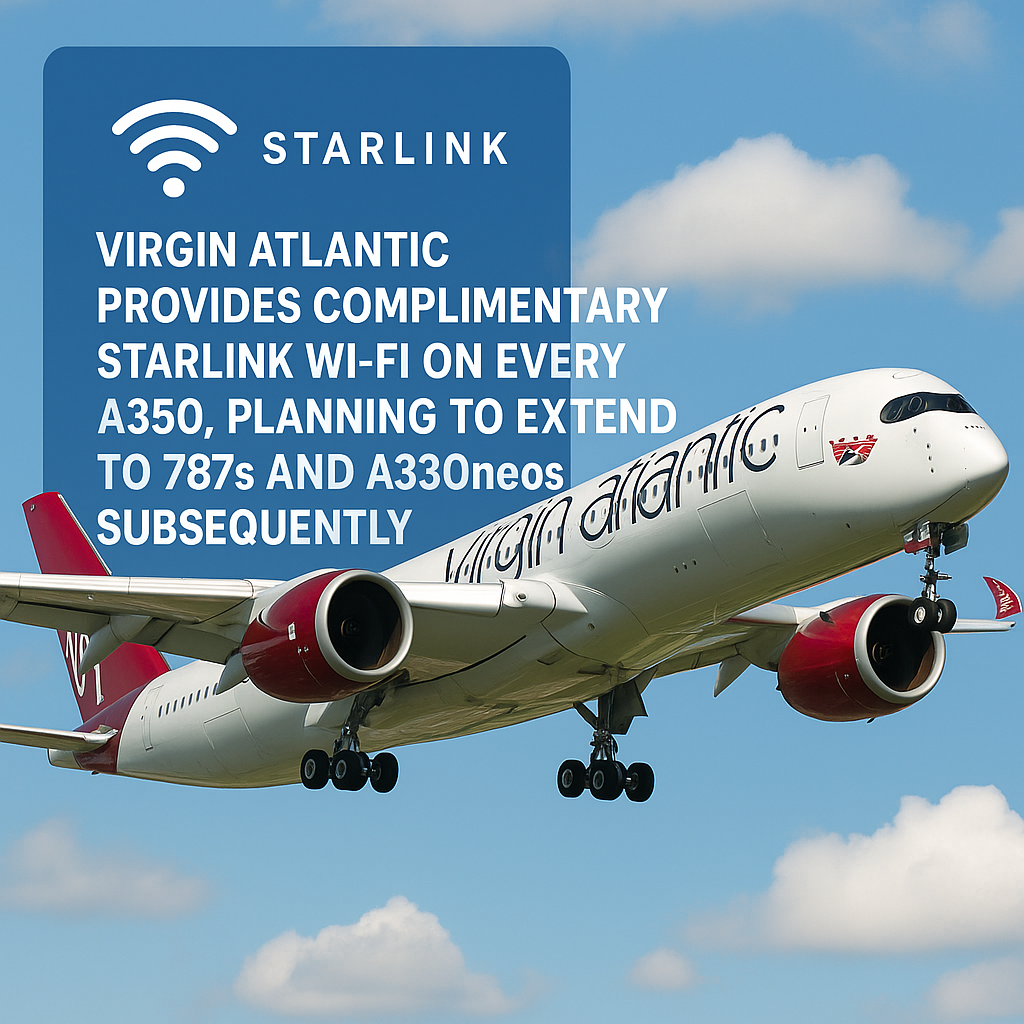 Virgin Atlantic Provides Complimentary Starlink Wi-Fi on Every A350, Planning to Extend to 787s and A330neos Subsequently