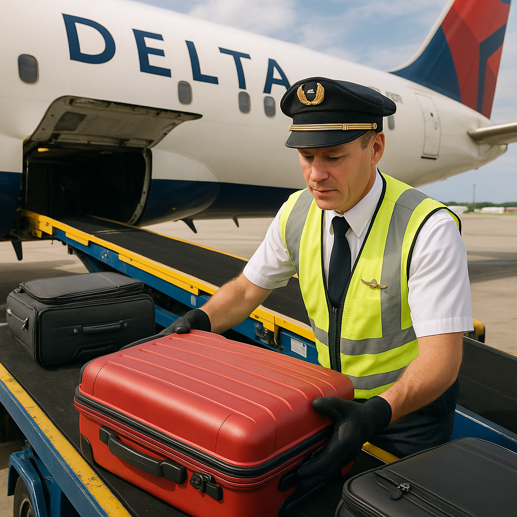 Delta Pilot Helps with Carefully Loading Luggage onto Aircraft