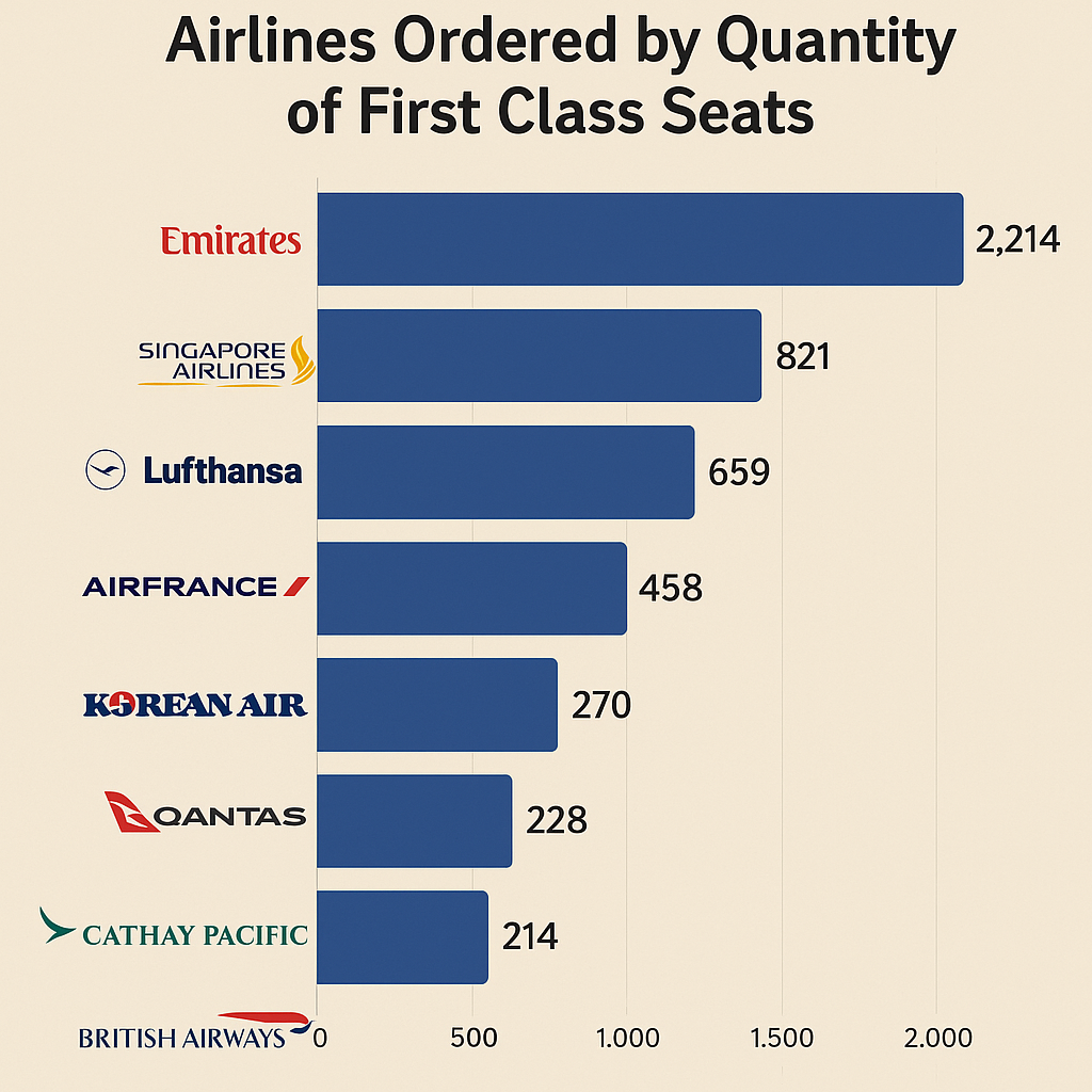 Airlines Ordered by Quantity of First Class Seats: Ranging from 8 to 2,214