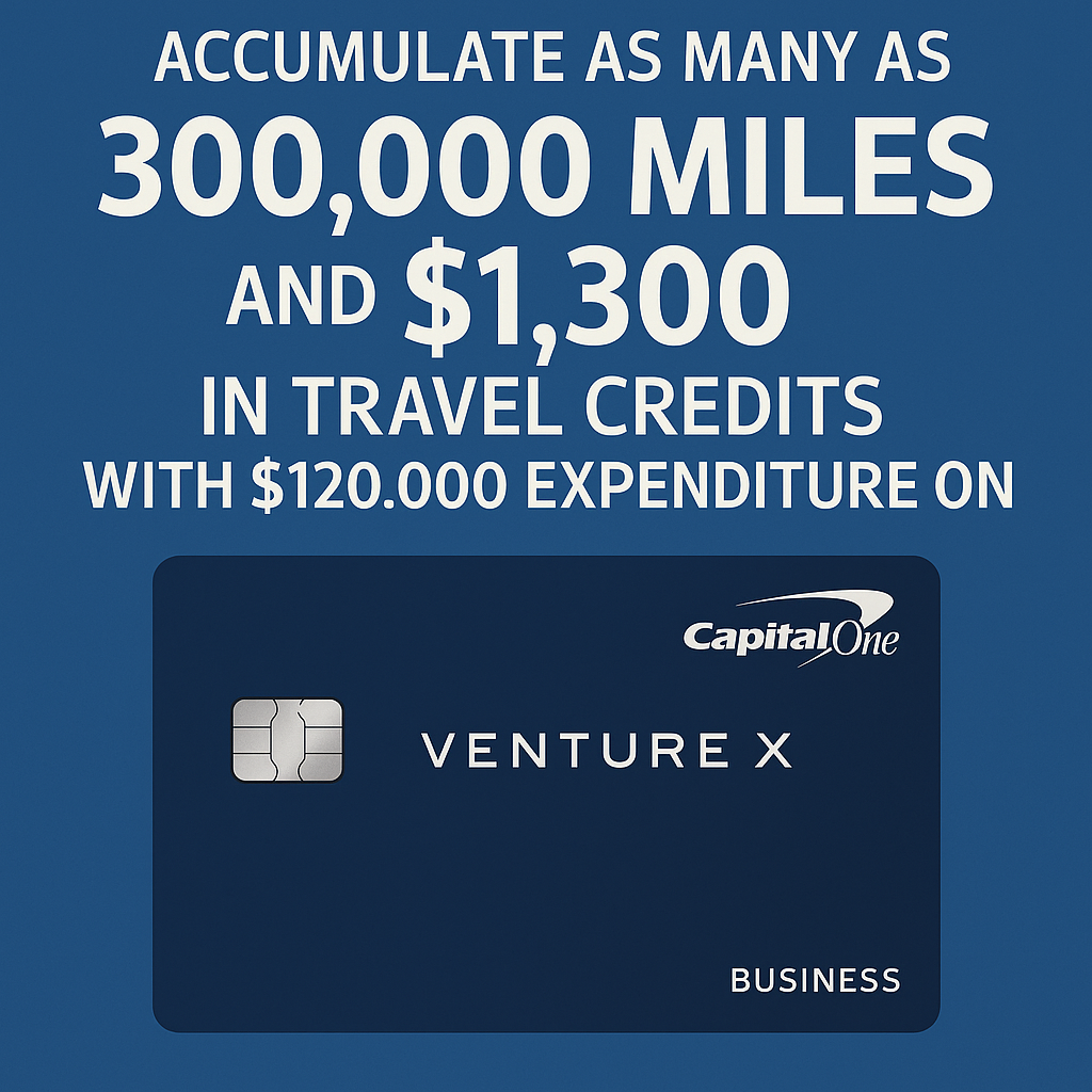 Accumulate as many as 300,000 Miles and $1,300 in Travel Credits with $120,000 Expenditure on Capital One Venture X Business